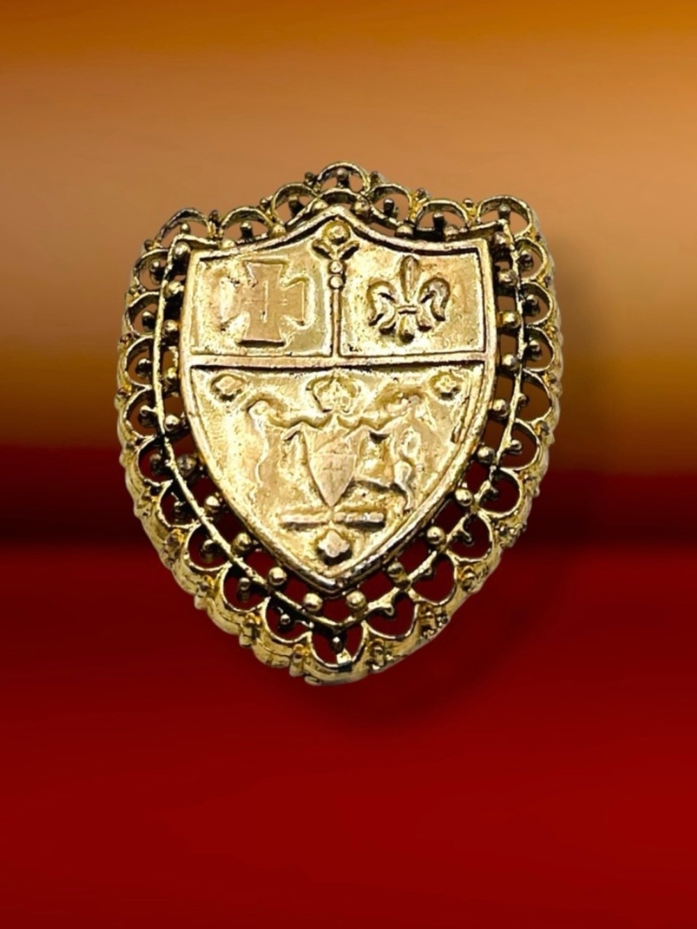 Vintage Gold Tone Heraldic Shield Brooch Coat of Arms Brooch Estate Pc